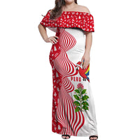 Peru Christmas Off Shoulder Maxi Dress with Santa Macaw Cantuta Flower Red Swirl Pattern and Festive Design - Wonder Print Shop