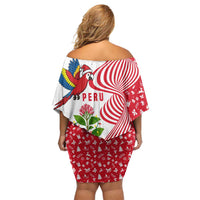 Peru Christmas Off Shoulder Short Dress with Santa Macaw Cantuta Flower Red Swirl Pattern and Festive Design - Wonder Print Shop