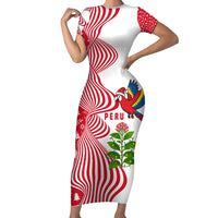 Peru Christmas Short Sleeve Bodycon Dress with Santa Macaw Cantuta Flower Red Swirl Pattern and Festive Design - Wonder Print Shop