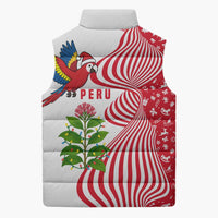 Peru Christmas Sleeveless Puffer Jacket with Santa Macaw Cantuta Flower Red Swirl Pattern and Festive Design - Wonder Print Shop