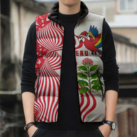 Peru Christmas Sleeveless Puffer Jacket with Santa Macaw Cantuta Flower Red Swirl Pattern and Festive Design - Wonder Print Shop