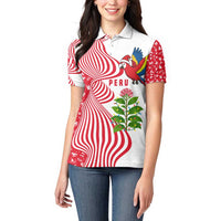 Peru Christmas Women Polo Shirt with Santa Macaw Cantuta Flower Red Swirl Pattern and Festive Design - Wonder Print Shop