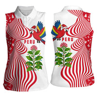 Peru Christmas Women Sleeveless Polo Shirt with Santa Macaw Cantuta Flower Red Swirl Pattern and Festive Design - Wonder Print Shop