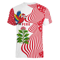 Peru Christmas Women V-Neck T-Shirt with Santa Macaw Cantuta Flower Red Swirl Pattern and Festive Design - Wonder Print Shop