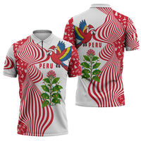 Peru Christmas Zipper Polo Shirt with Santa Macaw Cantuta Flower Red Swirl Pattern and Festive Design - Wonder Print Shop