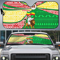 Ethiopia Christmas Auto Sun Shade with Santa Riding Lion Ethiopian Flag Colors and Tribal Pattern Design - Wonder Print Shop