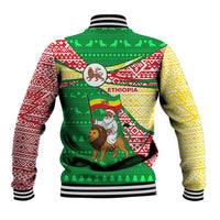 Ethiopia Christmas Baseball Jacket with Santa Riding Lion Ethiopian Flag Colors and Tribal Pattern Design - Wonder Print Shop