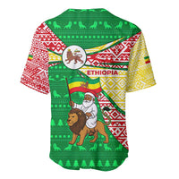 Ethiopia Christmas Baseball Jersey with Santa Riding Lion Ethiopian Flag Colors and Tribal Pattern Design - Wonder Print Shop