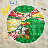 Ethiopia Christmas Beach Blanket with Santa Riding Lion Ethiopian Flag Colors and Tribal Pattern Design - Wonder Print Shop