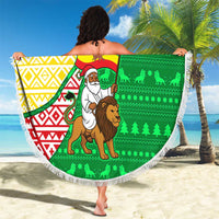 Ethiopia Christmas Beach Blanket with Santa Riding Lion Ethiopian Flag Colors and Tribal Pattern Design - Wonder Print Shop