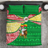 Ethiopia Christmas Bedding Set with Santa Riding Lion Ethiopian Flag Colors and Tribal Pattern Design - Wonder Print Shop