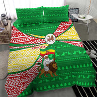 Ethiopia Christmas Bedding Set with Santa Riding Lion Ethiopian Flag Colors and Tribal Pattern Design - Wonder Print Shop