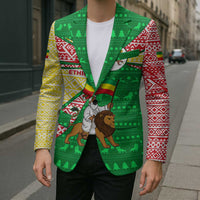Ethiopia Christmas Blazer with Santa Riding Lion Ethiopian Flag Colors and Tribal Pattern Design - Wonder Print Shop