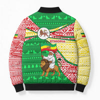 Ethiopia Christmas Bomber Puffer Jacket with Santa Riding Lion Ethiopian Flag Colors and Tribal Pattern Design - Wonder Print Shop