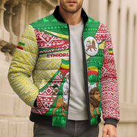 Ethiopia Christmas Bomber Puffer Jacket with Santa Riding Lion Ethiopian Flag Colors and Tribal Pattern Design - Wonder Print Shop