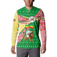 Ethiopia Christmas Button Sweatshirt with Santa Riding Lion Ethiopian Flag Colors and Tribal Pattern Design - Wonder Print Shop