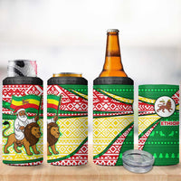 Ethiopia Christmas 4 in 1 Can Cooler Tumbler with Santa Riding Lion Ethiopian Flag Colors and Tribal Pattern Design - Wonder Print Shop
