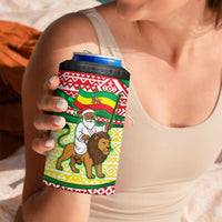 Ethiopia Christmas 4 in 1 Can Cooler Tumbler with Santa Riding Lion Ethiopian Flag Colors and Tribal Pattern Design - Wonder Print Shop