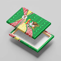 Ethiopia Christmas Canvas Wall Art with Santa Riding Lion Ethiopian Flag Colors and Tribal Pattern Design - Wonder Print Shop