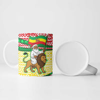 Ethiopia Christmas Ceramic Mug with Santa Riding Lion Ethiopian Flag Colors and Tribal Pattern Design - Wonder Print Shop