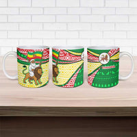 Ethiopia Christmas Ceramic Mug with Santa Riding Lion Ethiopian Flag Colors and Tribal Pattern Design - Wonder Print Shop