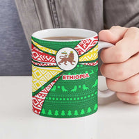 Ethiopia Christmas Ceramic Mug with Santa Riding Lion Ethiopian Flag Colors and Tribal Pattern Design - Wonder Print Shop