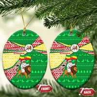 Ethiopia Christmas Ceramic Ornament with Santa Riding Lion Ethiopian Flag Colors and Tribal Pattern Design - Wonder Print Shop