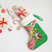 Ethiopia Christmas Stocking with Santa Riding Lion Ethiopian Flag Colors and Tribal Pattern Design - Wonder Print Shop