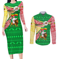 Ethiopia Christmas Couples Matching Long Sleeve Bodycon Dress and Long Sleeve Button Shirt with Santa Riding Lion Ethiopian Flag Colors and Tribal Pattern Design - Wonder Print Shop