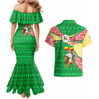 Ethiopia Christmas Couples Matching Mermaid Dress and Hawaiian Shirt with Santa Riding Lion Ethiopian Flag Colors and Tribal Pattern Design - Wonder Print Shop