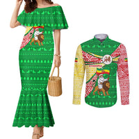 Ethiopia Christmas Couples Matching Mermaid Dress and Long Sleeve Button Shirt with Santa Riding Lion Ethiopian Flag Colors and Tribal Pattern Design - Wonder Print Shop