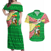 Ethiopia Christmas Couples Matching Off Shoulder Maxi Dress and Hawaiian Shirt with Santa Riding Lion Ethiopian Flag Colors and Tribal Pattern Design - Wonder Print Shop