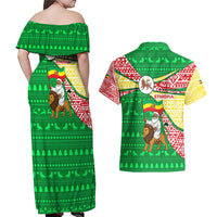 Ethiopia Christmas Couples Matching Off Shoulder Maxi Dress and Hawaiian Shirt with Santa Riding Lion Ethiopian Flag Colors and Tribal Pattern Design - Wonder Print Shop