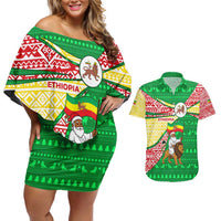 Ethiopia Christmas Couples Matching Off Shoulder Short Dress and Hawaiian Shirt with Santa Riding Lion Ethiopian Flag Colors and Tribal Pattern Design - Wonder Print Shop