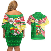 Ethiopia Christmas Couples Matching Off Shoulder Short Dress and Hawaiian Shirt with Santa Riding Lion Ethiopian Flag Colors and Tribal Pattern Design - Wonder Print Shop