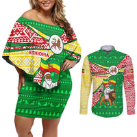 Ethiopia Christmas Couples Matching Off Shoulder Short Dress and Long Sleeve Button Shirt with Santa Riding Lion Ethiopian Flag Colors and Tribal Pattern Design - Wonder Print Shop