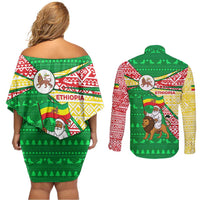 Ethiopia Christmas Couples Matching Off Shoulder Short Dress and Long Sleeve Button Shirt with Santa Riding Lion Ethiopian Flag Colors and Tribal Pattern Design - Wonder Print Shop