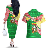 Ethiopia Christmas Couples Matching Off The Shoulder Long Sleeve Dress and Hawaiian Shirt with Santa Riding Lion Ethiopian Flag Colors and Tribal Pattern Design - Wonder Print Shop