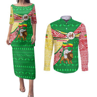 Ethiopia Christmas Couples Matching Puletasi and Long Sleeve Button Shirt with Santa Riding Lion Ethiopian Flag Colors and Tribal Pattern Design - Wonder Print Shop