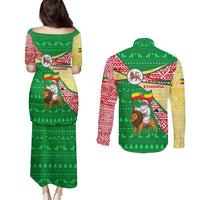 Ethiopia Christmas Couples Matching Puletasi and Long Sleeve Button Shirt with Santa Riding Lion Ethiopian Flag Colors and Tribal Pattern Design - Wonder Print Shop