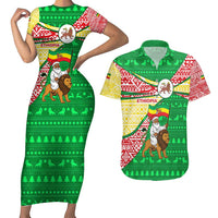 Ethiopia Christmas Couples Matching Short Sleeve Bodycon Dress and Hawaiian Shirt with Santa Riding Lion Ethiopian Flag Colors and Tribal Pattern Design - Wonder Print Shop