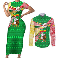 Ethiopia Christmas Couples Matching Short Sleeve Bodycon Dress and Long Sleeve Button Shirt with Santa Riding Lion Ethiopian Flag Colors and Tribal Pattern Design - Wonder Print Shop