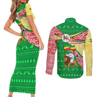 Ethiopia Christmas Couples Matching Short Sleeve Bodycon Dress and Long Sleeve Button Shirt with Santa Riding Lion Ethiopian Flag Colors and Tribal Pattern Design - Wonder Print Shop