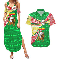 Ethiopia Christmas Couples Matching Summer Maxi Dress and Hawaiian Shirt with Santa Riding Lion Ethiopian Flag Colors and Tribal Pattern Design - Wonder Print Shop