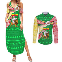 Ethiopia Christmas Couples Matching Summer Maxi Dress and Long Sleeve Button Shirt with Santa Riding Lion Ethiopian Flag Colors and Tribal Pattern Design - Wonder Print Shop