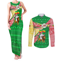 Ethiopia Christmas Couples Matching Tank Maxi Dress and Long Sleeve Button Shirt with Santa Riding Lion Ethiopian Flag Colors and Tribal Pattern Design - Wonder Print Shop