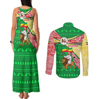 Ethiopia Christmas Couples Matching Tank Maxi Dress and Long Sleeve Button Shirt with Santa Riding Lion Ethiopian Flag Colors and Tribal Pattern Design - Wonder Print Shop