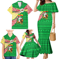 Ethiopia Christmas Family Matching Mermaid Dress and Hawaiian Shirt with Santa Riding Lion Ethiopian Flag Colors and Tribal Pattern Design - Wonder Print Shop