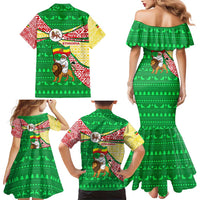 Ethiopia Christmas Family Matching Mermaid Dress and Hawaiian Shirt with Santa Riding Lion Ethiopian Flag Colors and Tribal Pattern Design - Wonder Print Shop