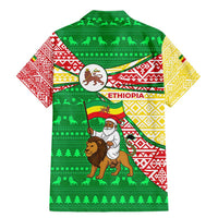Ethiopia Christmas Family Matching Mermaid Dress and Hawaiian Shirt with Santa Riding Lion Ethiopian Flag Colors and Tribal Pattern Design - Wonder Print Shop